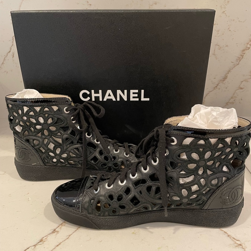 CHANEL HIGH TOP CAMILA LASER CUT SNEAKERS